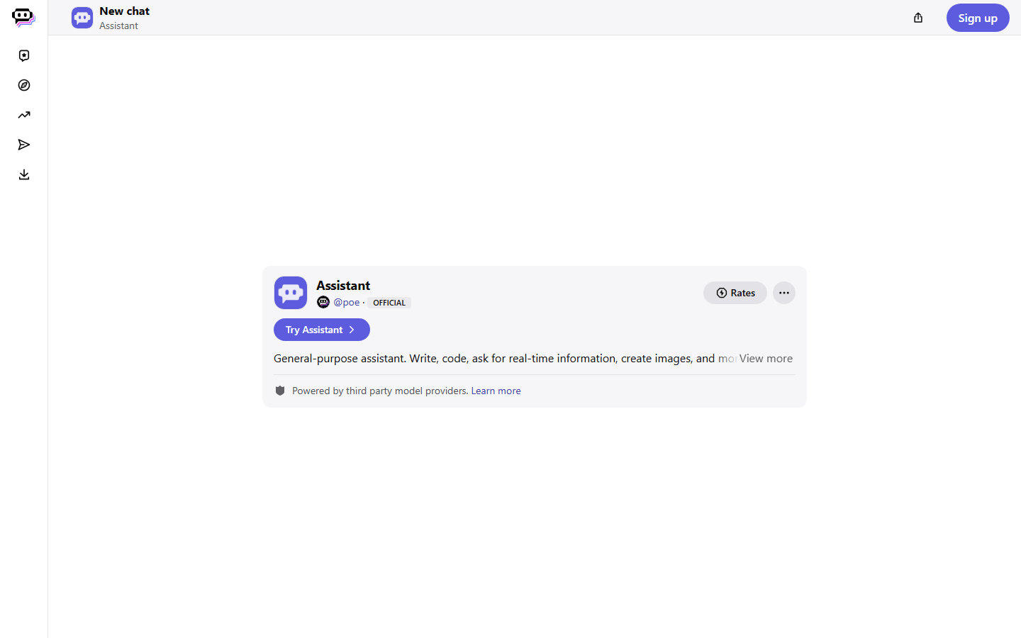 Poe Assistant bot page with chat and bot-selection controls.