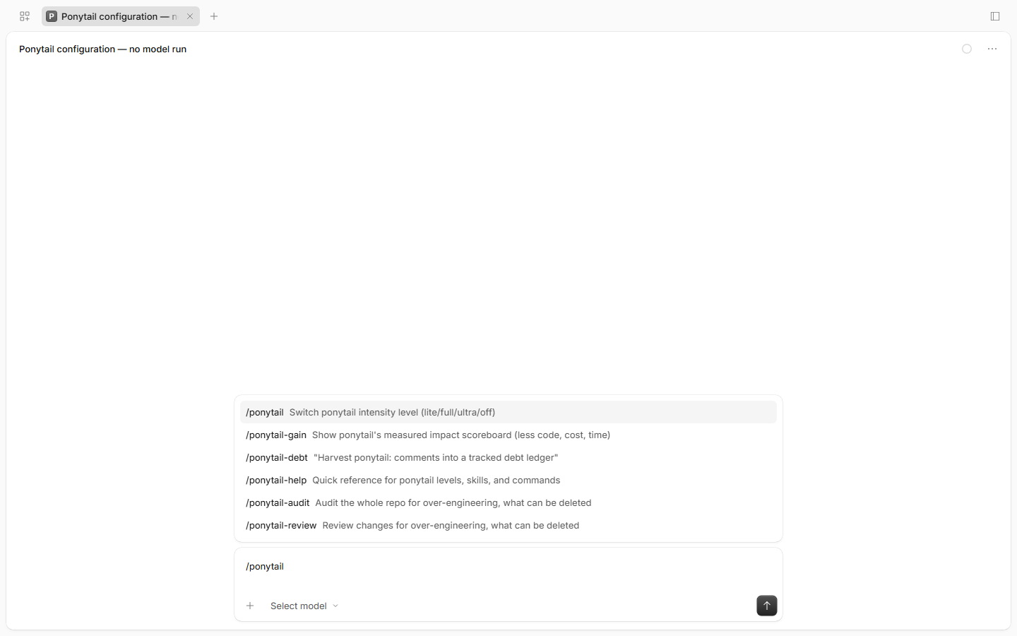 Fresh OpenCode session showing six registered Ponytail slash commands, including mode selection, review, audit and help; no model is selected.
