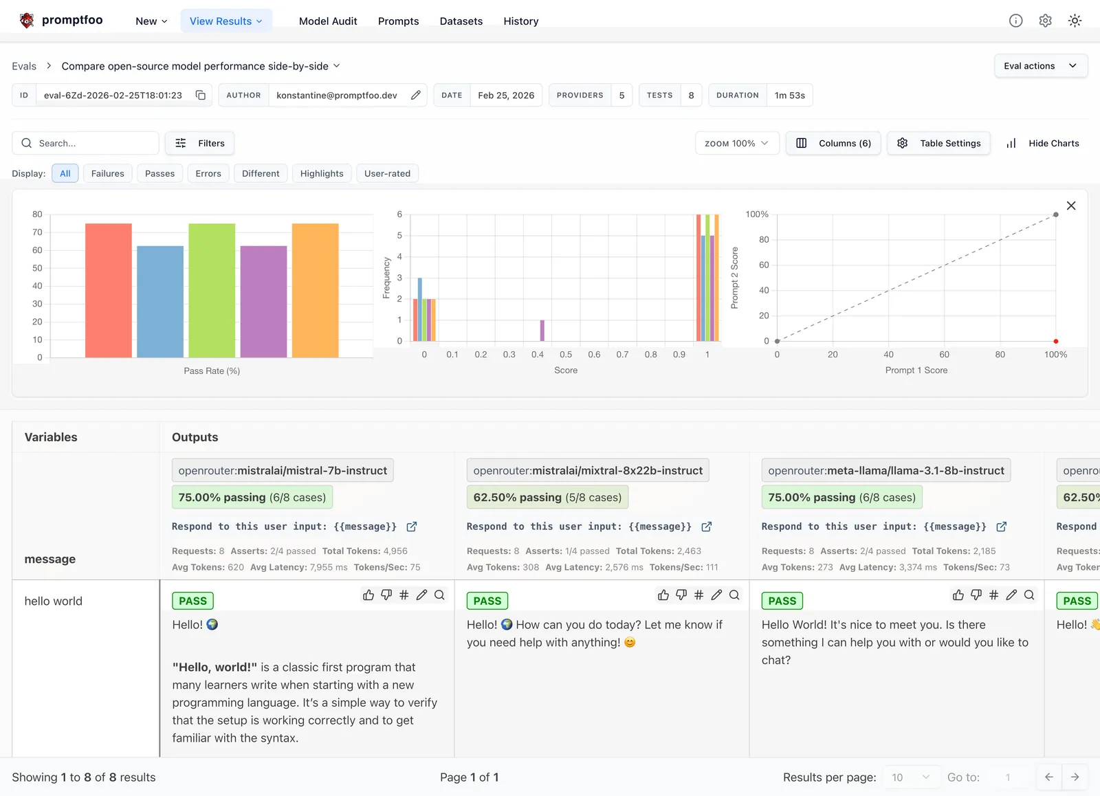 Promptfoo evaluation results viewer.