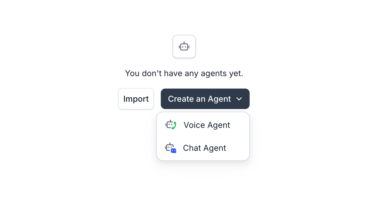 Retell Agents dashboard with Create an Agent menu offering Voice Agent and Chat Agent.