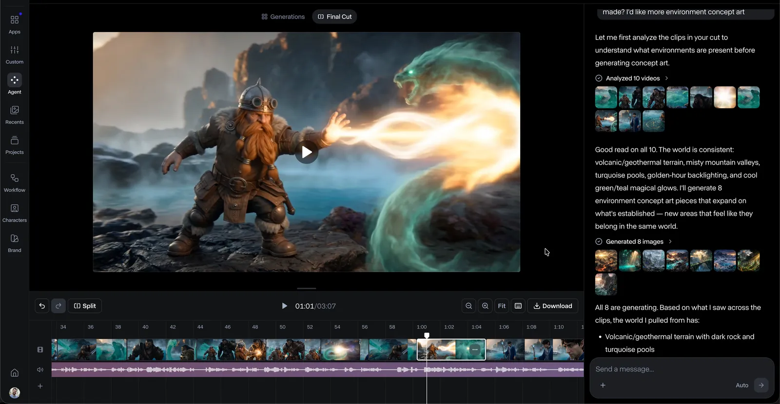 Runway Final Cut editor with video preview, clip timeline, audio waveform and Agent chat panel.