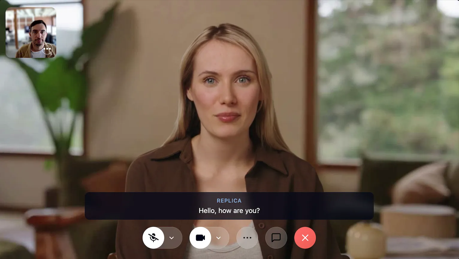 Tavus conversation interface with an AI face, participant self-view, live caption, microphone, camera, chat and end-call controls.