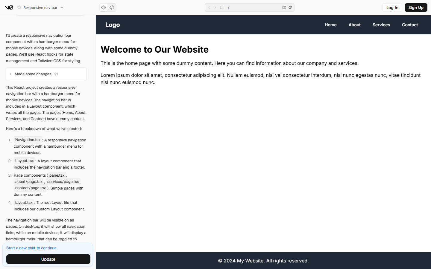 v0 public chat workspace with a responsive navigation-bar project preview.
