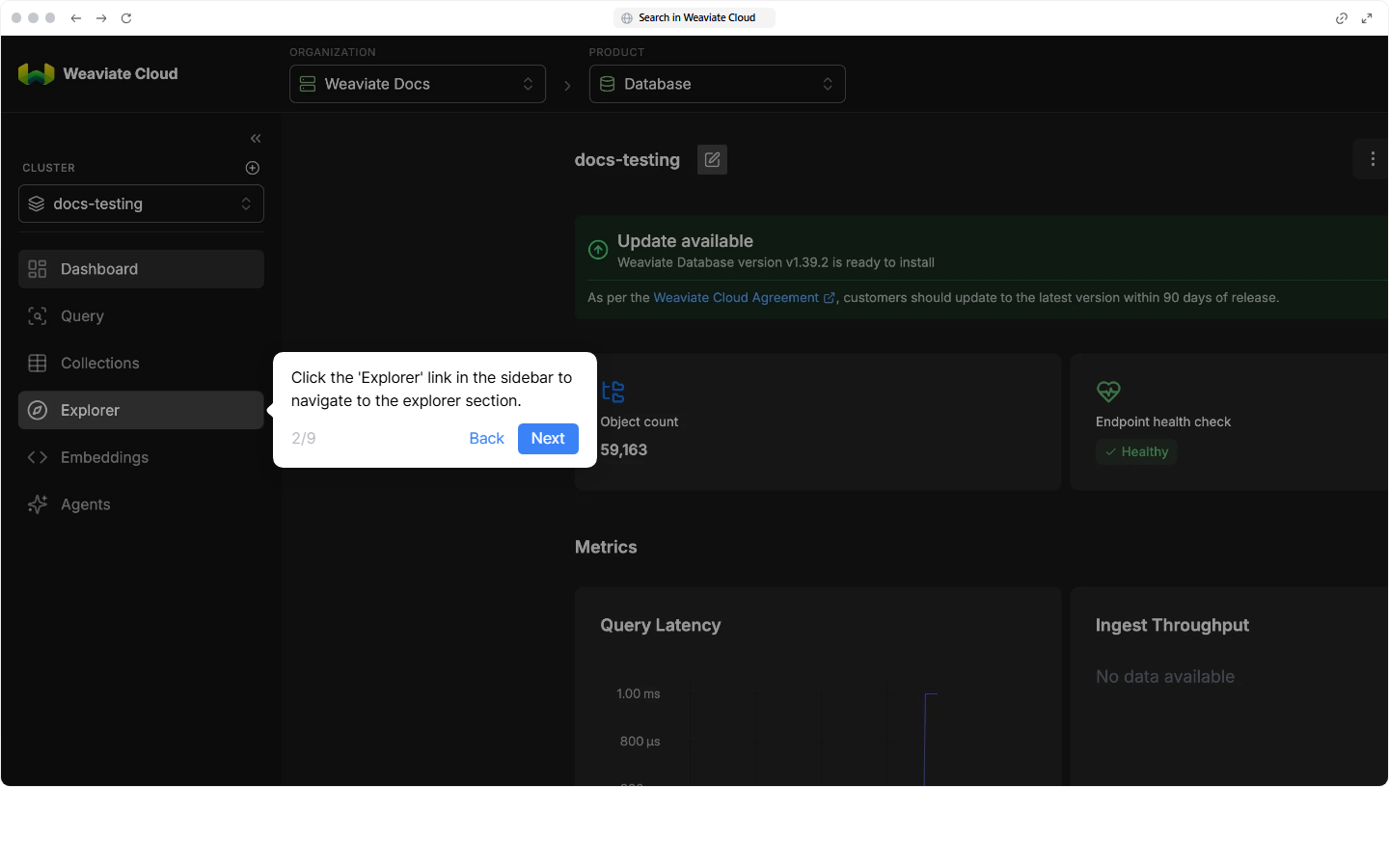 Weaviate Cloud Explorer console with collection-search controls.