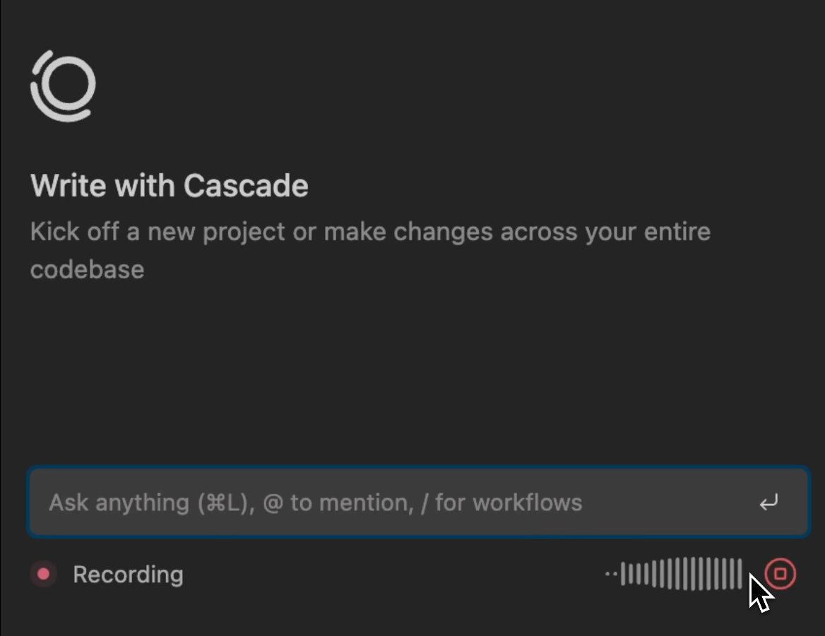 Windsurf Cascade voice-input panel with prompt composer and recording controls.