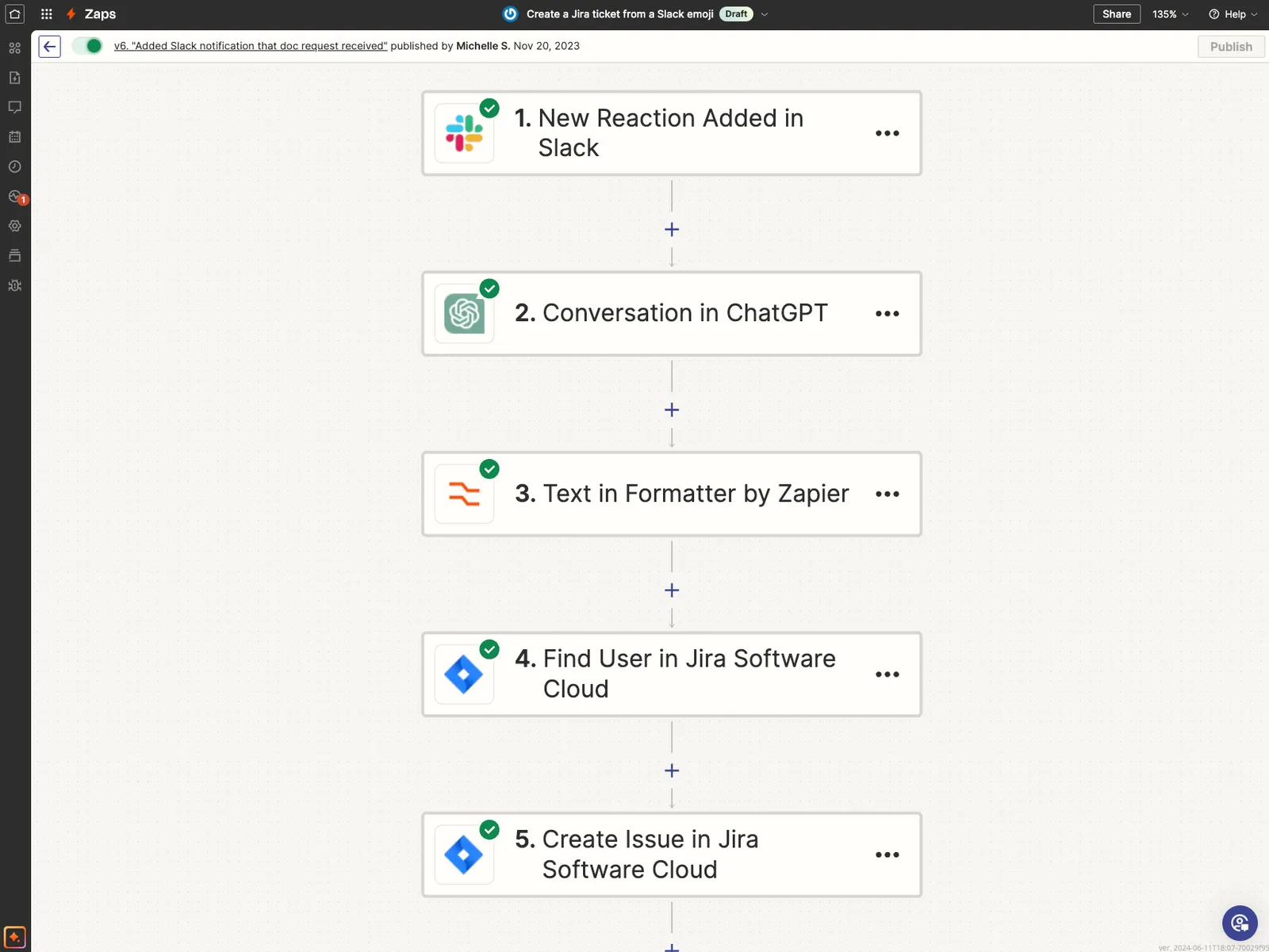 Zapier editor with workflow canvas, numbered steps, navigation and publishing controls.