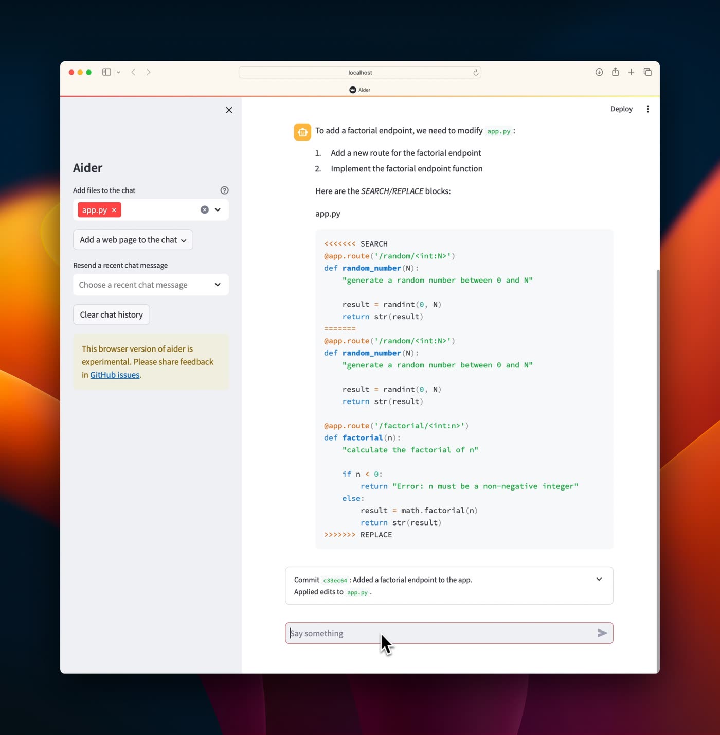 Aider's browser UI: a SEARCH/REPLACE block on app.py and the commit it produced.