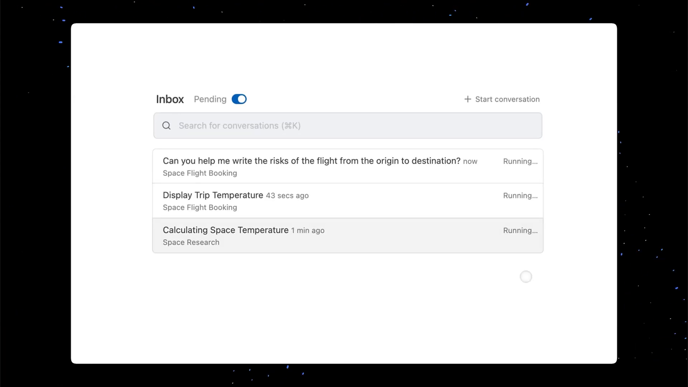 Antigravity's Agent Manager Inbox showing three agent conversations running in parallel across different workspaces ('Space Flight Booking' x2, 'Space Research'), each marked 'Running…'