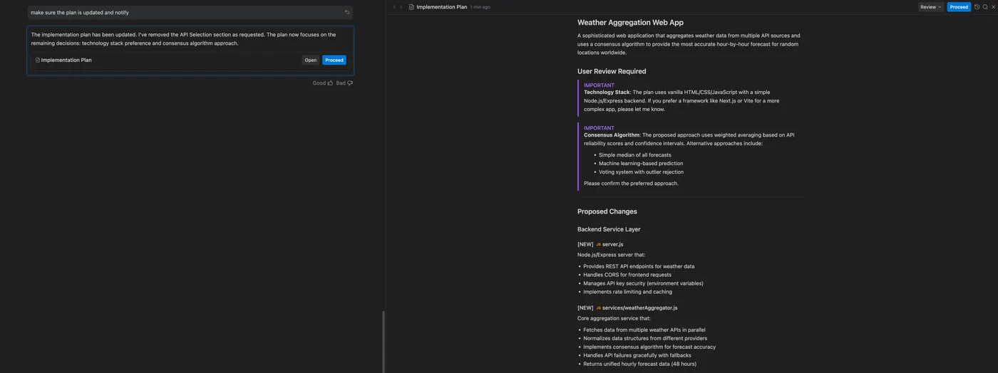Antigravity showing an agent conversation on the left beside a full Implementation Plan artifact on the right — a 'Weather Aggregation Web App' plan with a 'User Review Required' section, technology-stack and consensus-algorithm decisions, and 'Proposed Changes' listing new backend files, with Review/Proceed controls