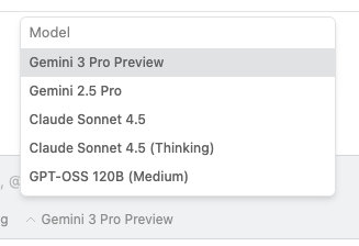 Antigravity's model-selector dropdown under the conversation prompt box, listing Gemini 3 Pro Preview, Gemini 2.5 Pro, Claude Sonnet 4.5, Claude Sonnet 4.5 (Thinking), and GPT-OSS 120B