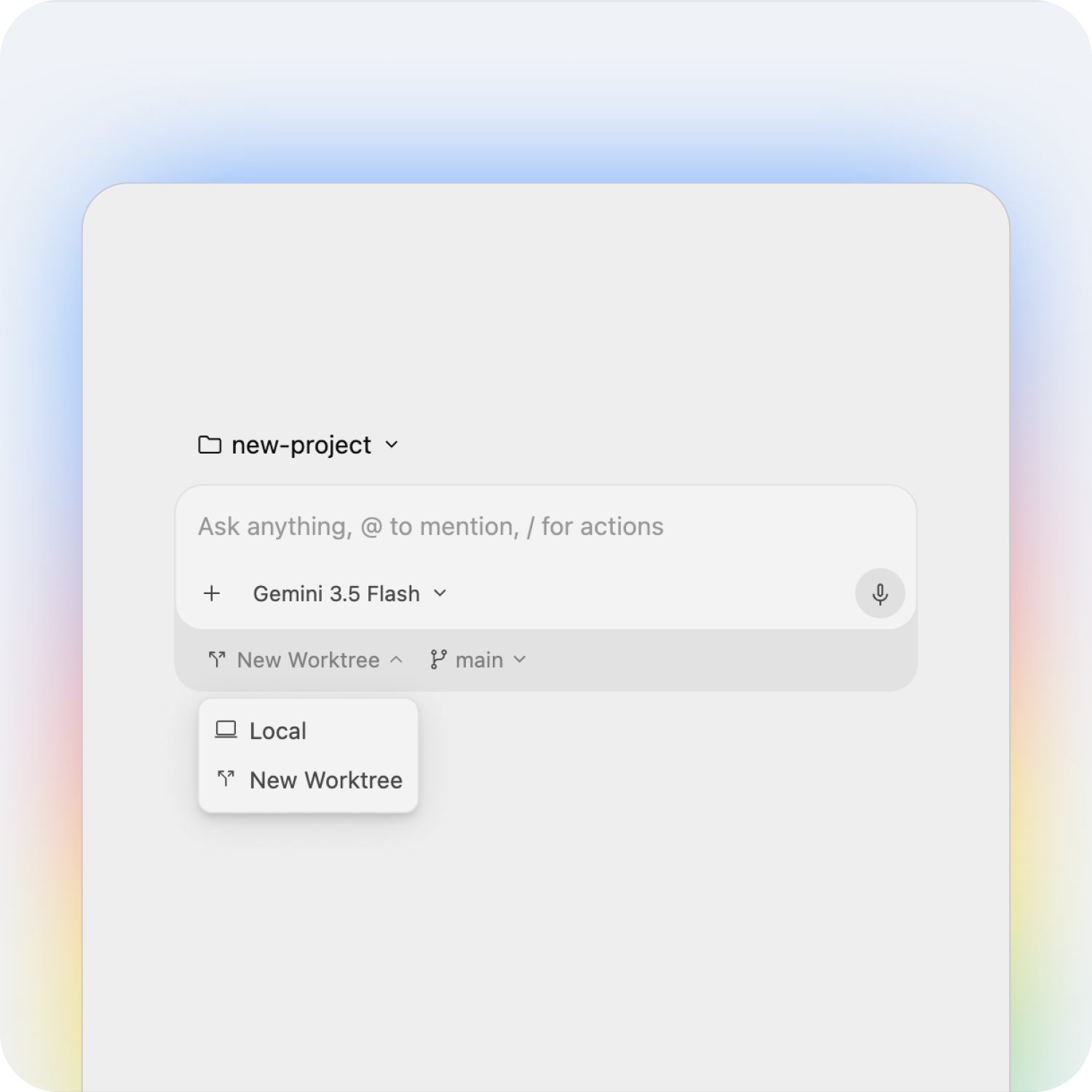 Antigravity's new-agent screen: a project selector, an 'Ask anything, @ to mention, / for actions' prompt box, the Gemini 3.5 Flash model selector with a mic button, and 'New Worktree / main' git controls with a Local vs New Worktree dropdown