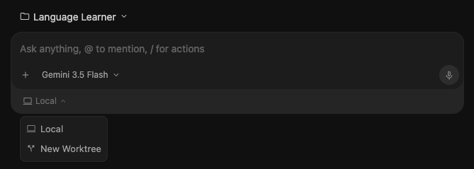 Antigravity's new-conversation setup showing the Local / New Worktree dropdown open, with 'New Worktree' highlighted as the selected option