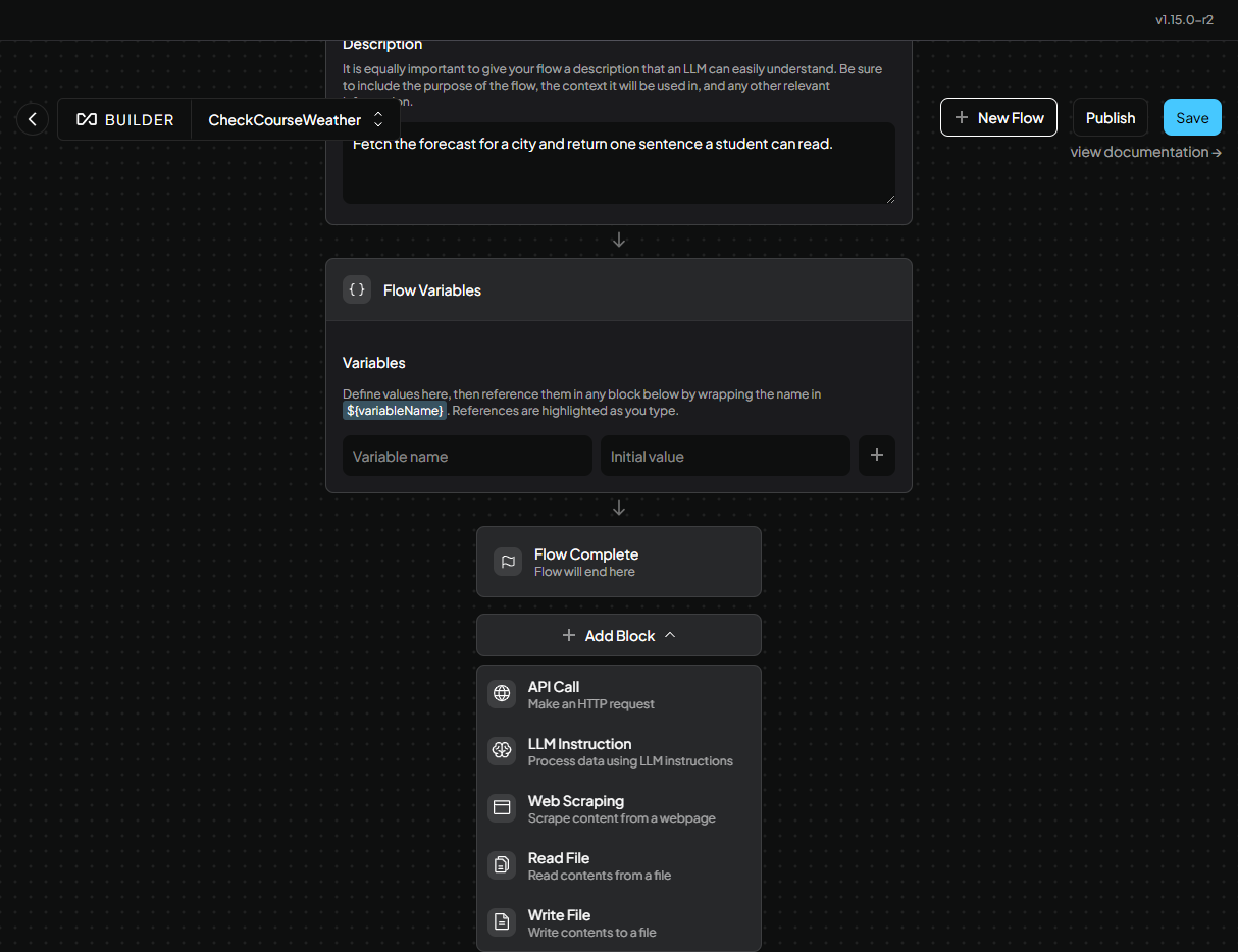 AnythingLLM Agent Flow builder canvas with the Add Block palette open, showing API Call, LLM Instruction, Web Scraping, Read File and Write File blocks above a Flow Complete block
