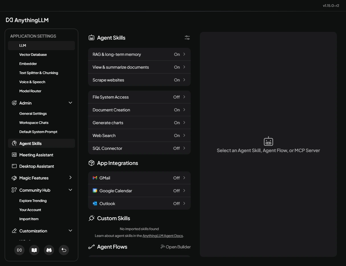AnythingLLM Agent Skills settings listing built-in skills including web search and SQL connector, each with a configure control
