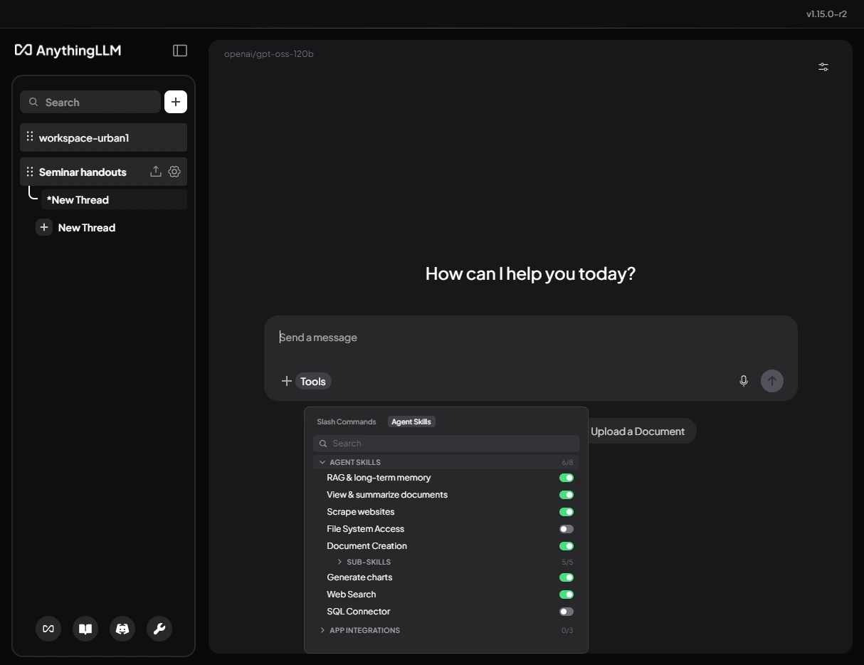 AnythingLLM Tools menu, Agent Skills tab: RAG & long-term memory, View & summarize documents, Scrape websites, File System Access, Document Creation, Generate charts, Web Search and SQL Connector, each with a toggle