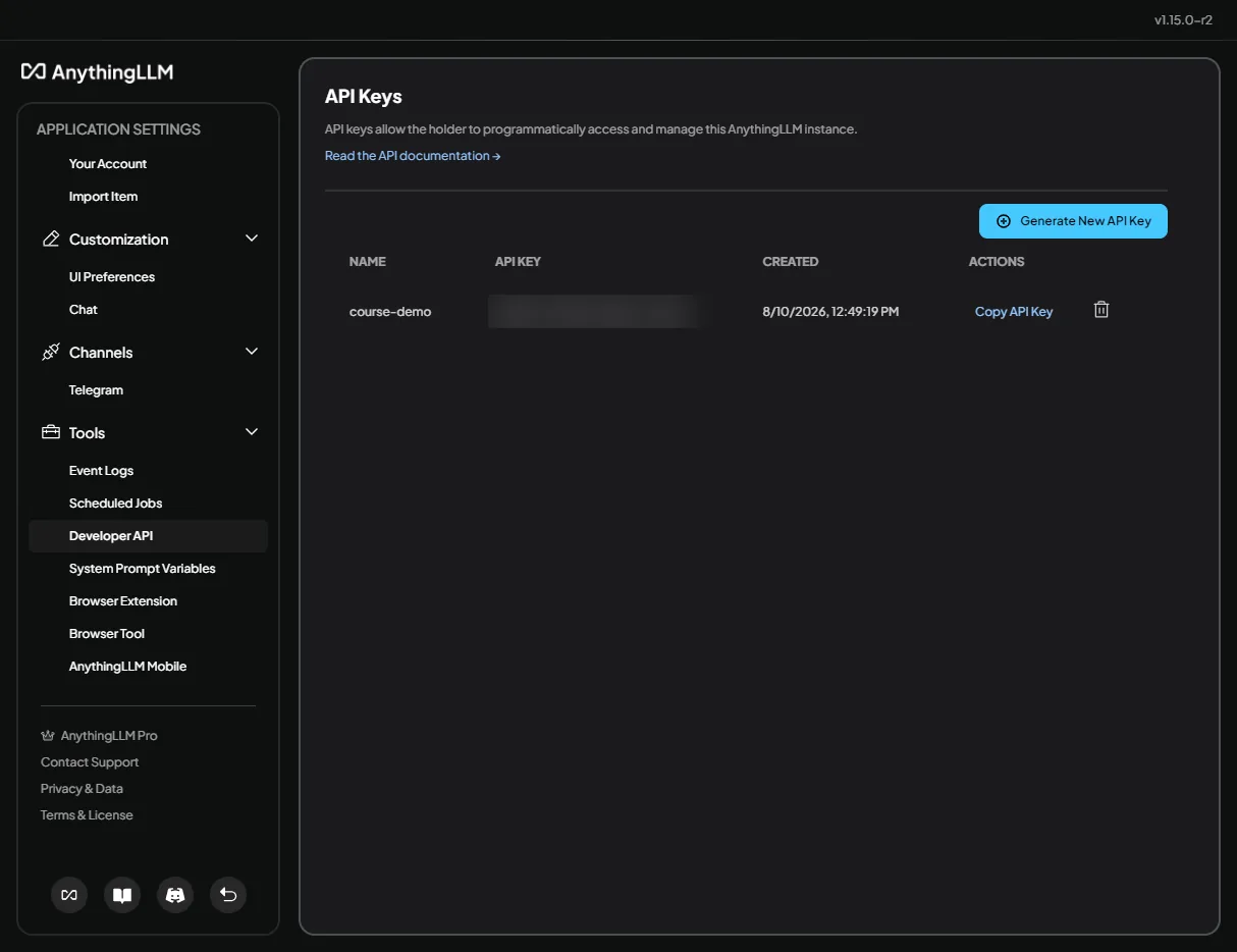 AnythingLLM's Settings → API Keys screen, showing an empty API-key table and a 'Generate New API Key' button, with a link to the API documentation