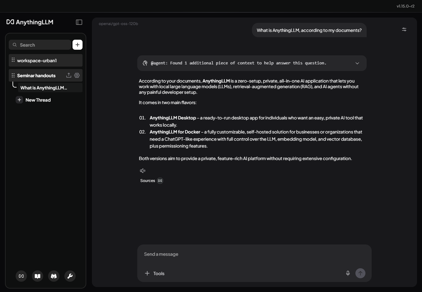 The AnythingLLM chat interface, annotated with callouts for edit-and-resubmit, regenerate response, feedback, citations, speech-to-text, @agents, and the message composer