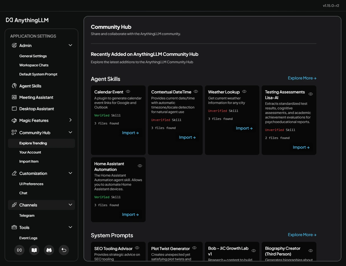 AnythingLLM: Connect external app, Applicant tracking system, AI agent instance, Prompt library, Tool integrations