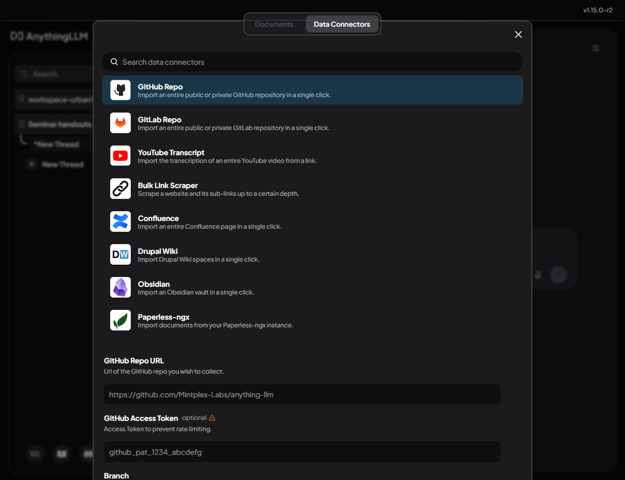 AnythingLLM's Documents modal on the Data Connectors tab, listing connector cards — GitHub repo, GitLab repo, YouTube transcript, bulk link scraper, Confluence, Obsidian — with the GitHub connector's form open on the right
