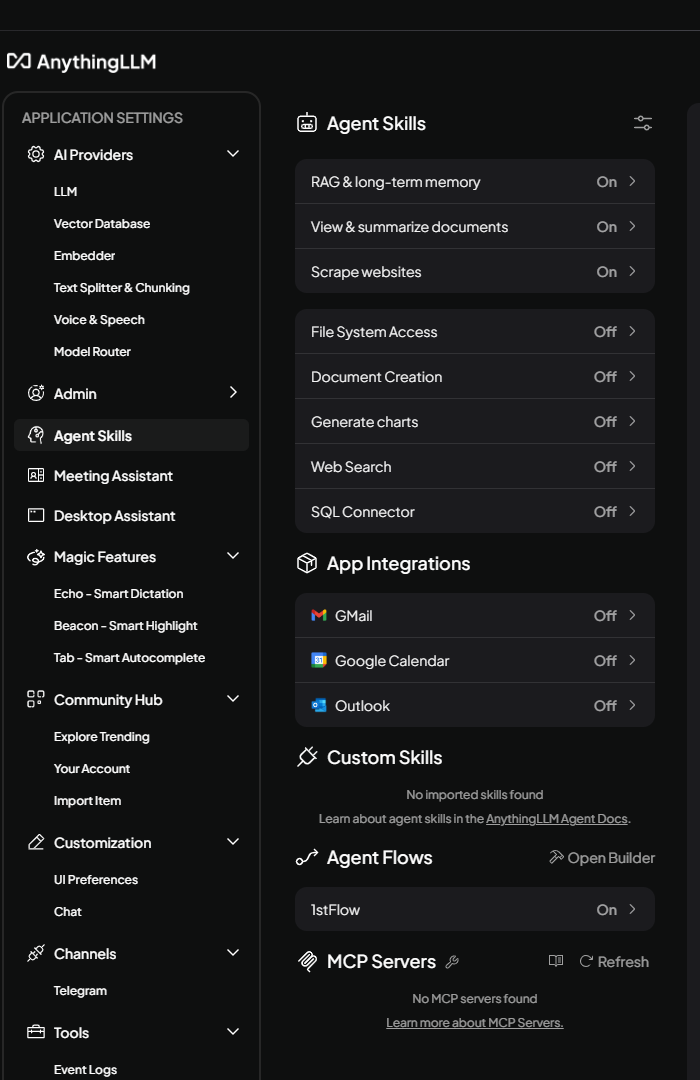 AnythingLLM Agent Skills page with the built-in skills list and, at the bottom, the MCP Servers section with a config icon and a Refresh control