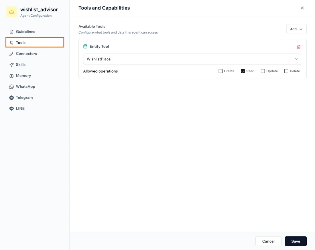 Setting the tools and capabilities of a Base44 AI agent