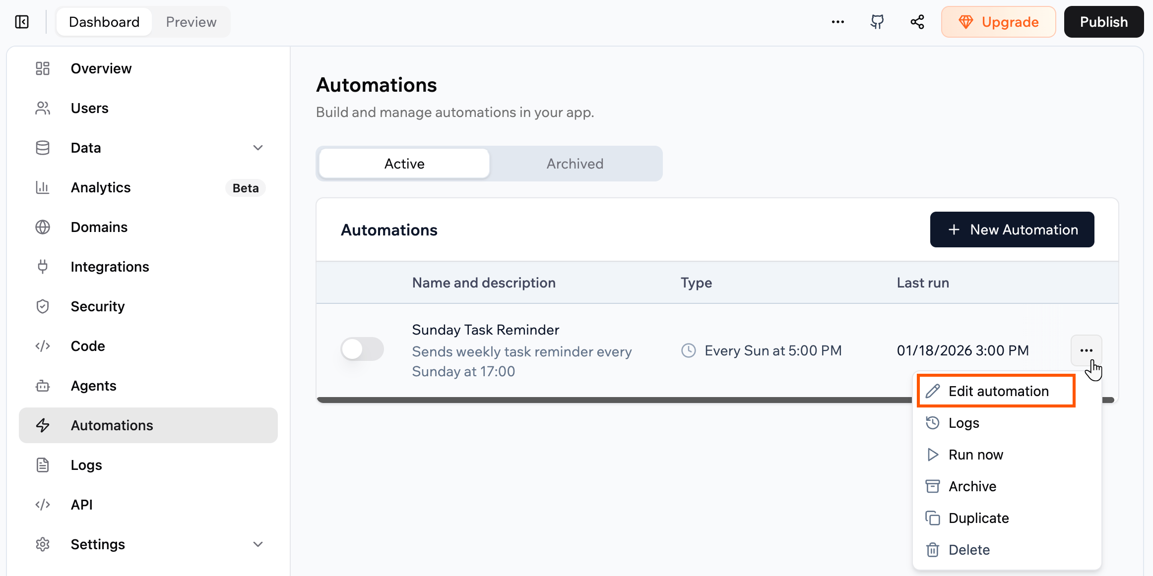 Base44 Automations screen listing a scheduled Sunday Task Reminder automation with an Edit automation menu open
