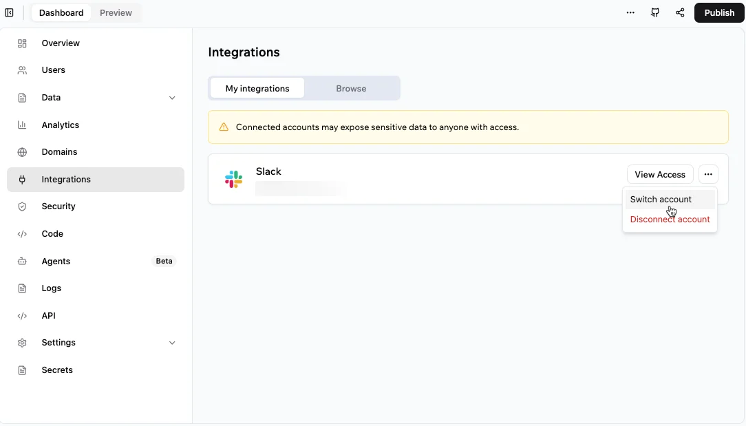 Base44 Integrations page with the My integrations tab