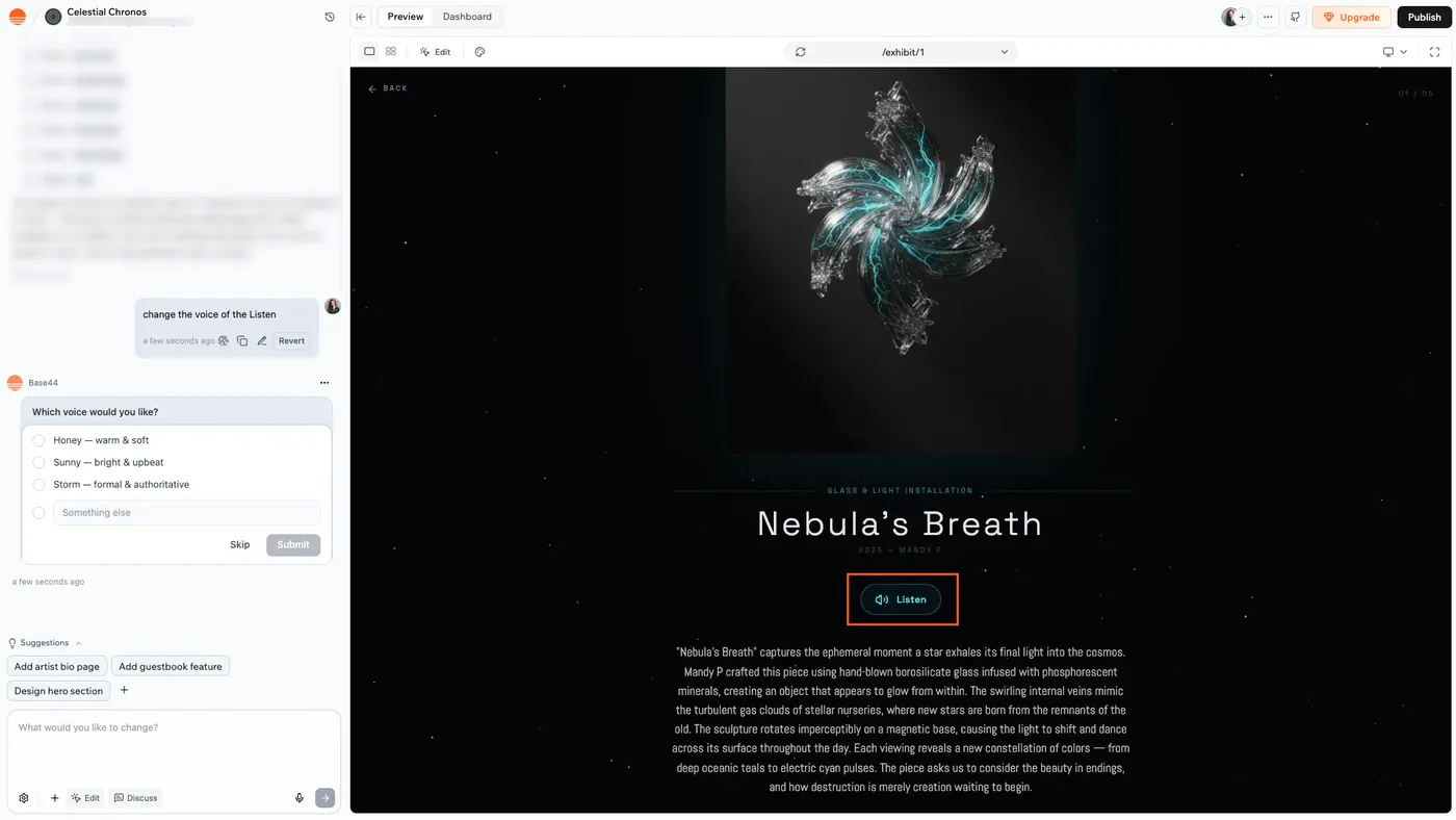 A Base44 app being edited in chat, adding a built-in AI voice feature — a 'Which voice would you like?' prompt and a Listen button on the app