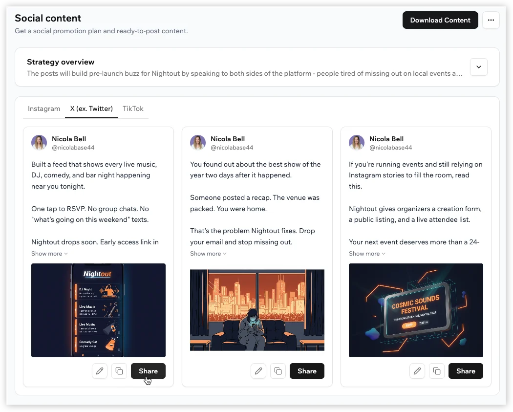 Base44-generated social media posts for an app