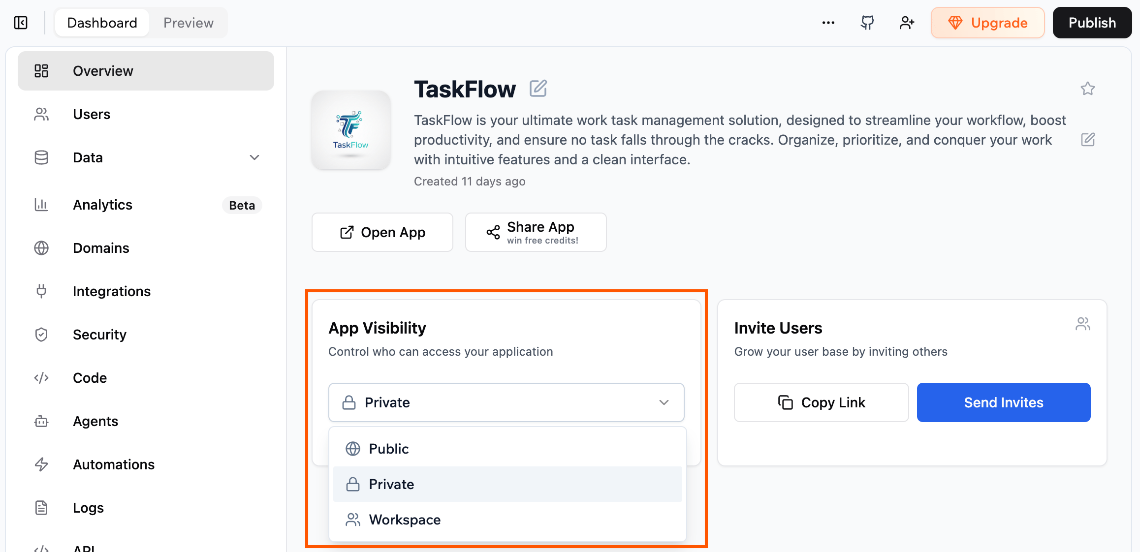 Base44 app dashboard showing the App Visibility control (Public / Private / Workspace) and an Invite Users panel