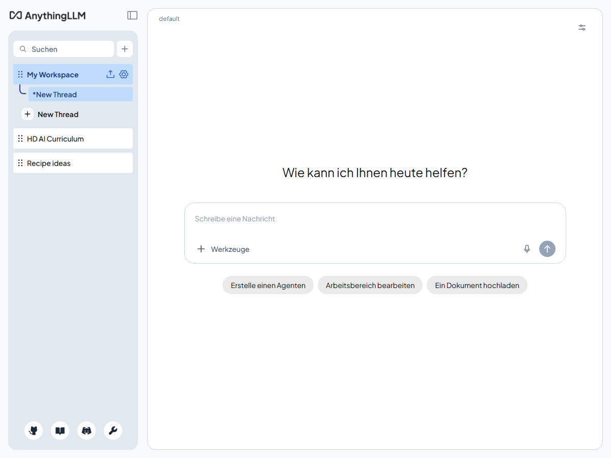 AnythingLLM on the bench: three workspaces in the sidebar and an empty chat asking how it can help.