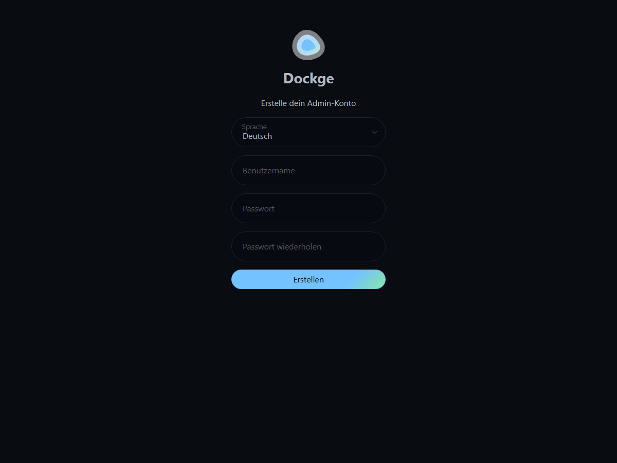 Dockge on the bench, first run: a "create your admin account" form with a language picker, username and password.