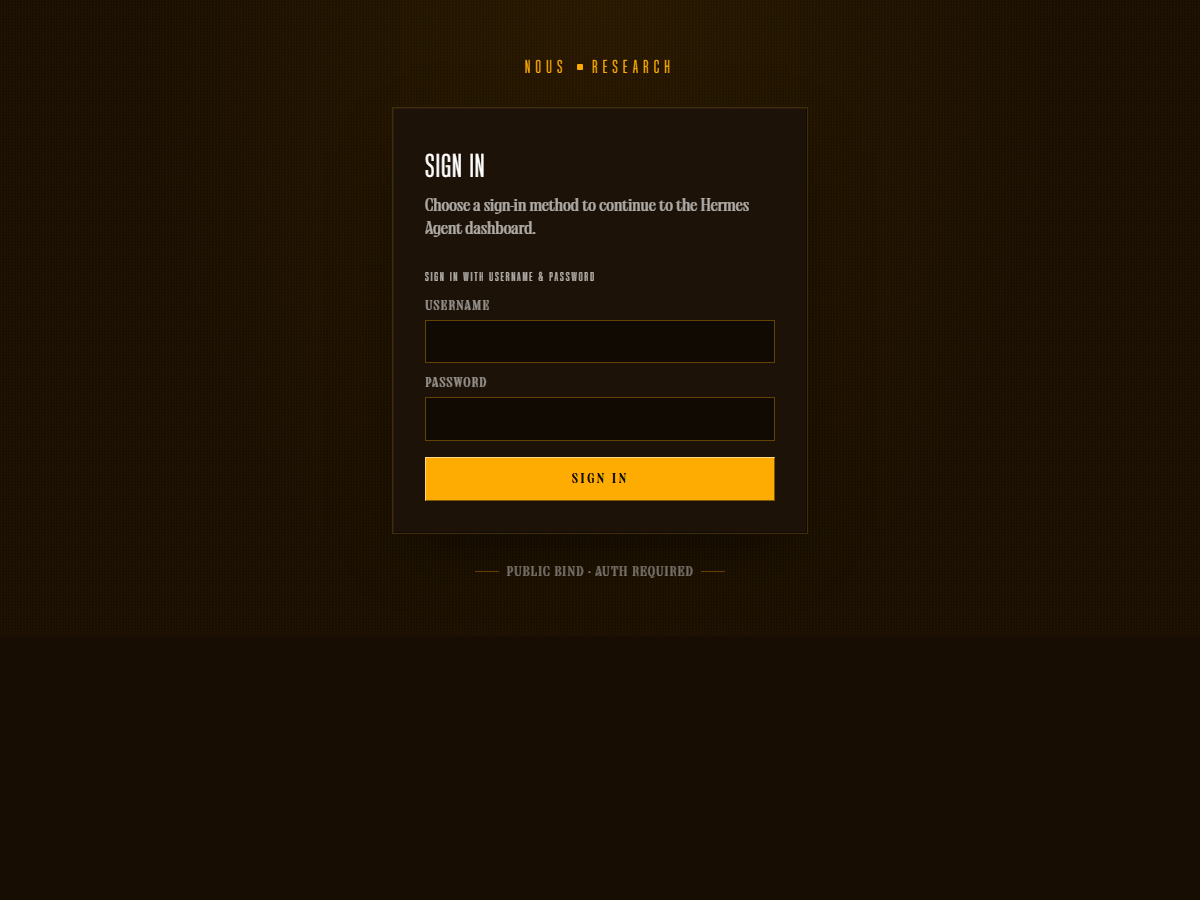The Hermes sign-in screen on the bench, marked "public bind · auth required".