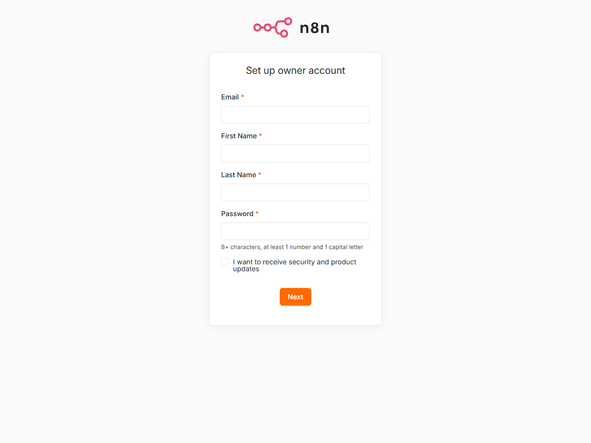 n8n on the bench, first run: the "Set up owner account" form asking for email, name and a password.