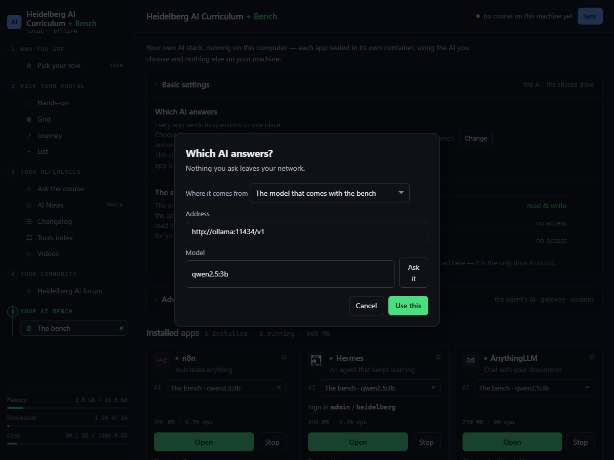 The "Which AI answers" dialog open: a provider dropdown, the address http://ollama:11434/v1, the model qwen2.5:3b, an "Ask it" button and Use this.