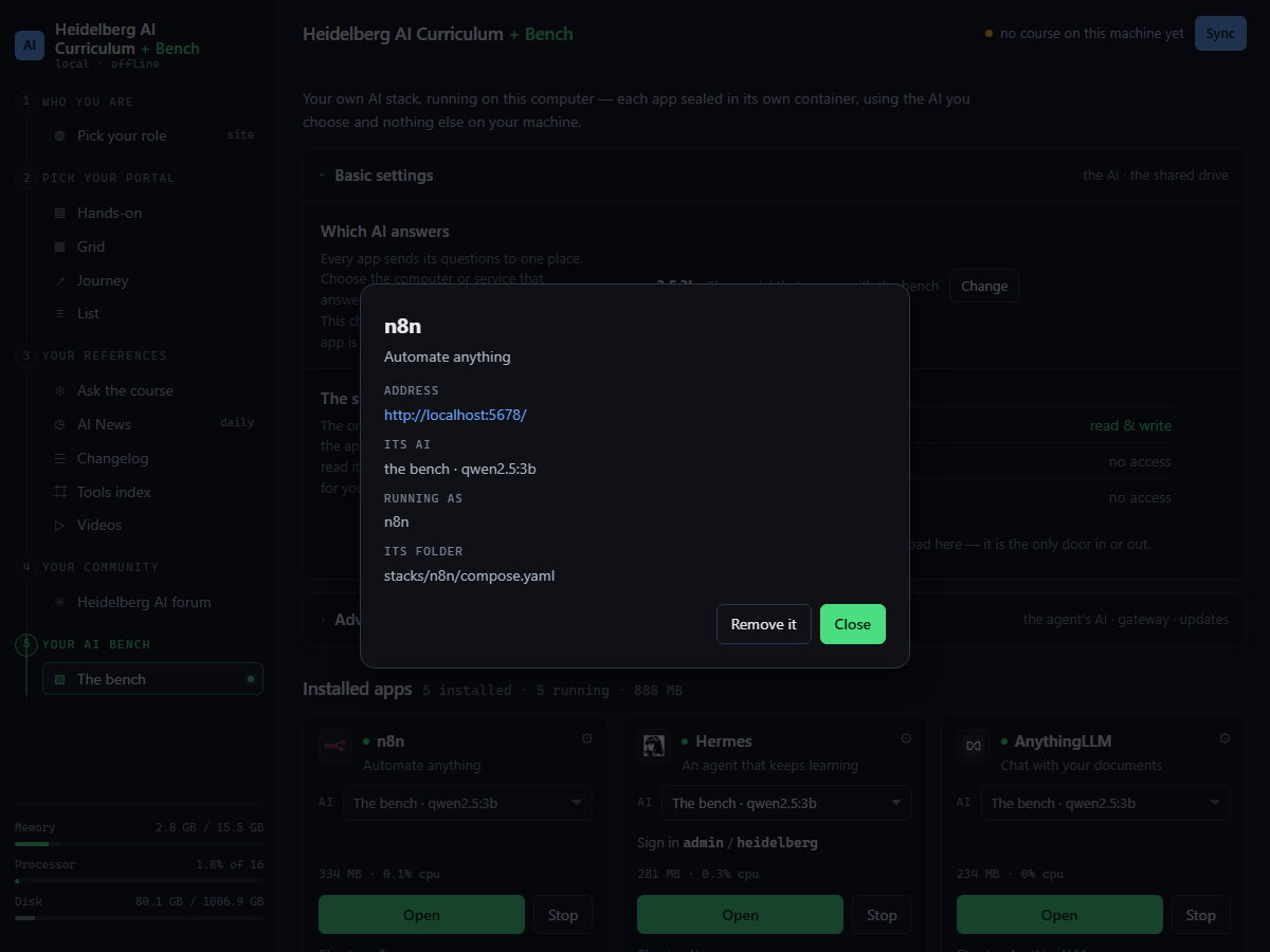 One app's gear page: its address, the model it answers with, the containers behind it, its compose file and a Remove button.