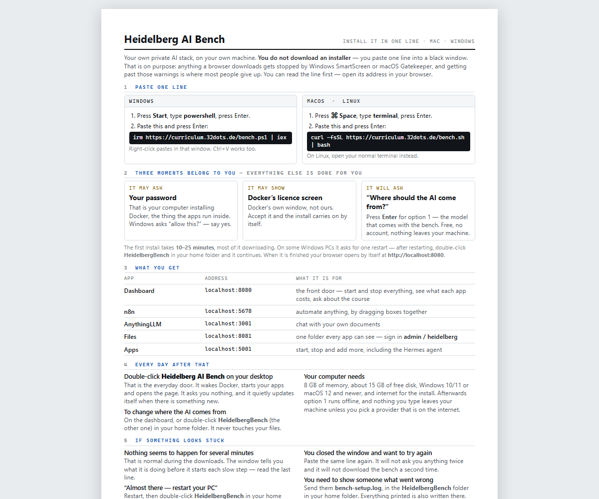 The printable one-pager that ships with the bench: the Windows line and the macOS line side by side, the three moments that belong to the student, what you get on which address, and what to do if it looks stuck.