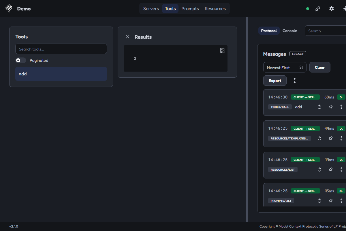 The MCP Inspector Tools tab for the Demo server. The tool list on the left holds one entry, add. The Results panel shows 3, and the protocol log on the right records a TOOLS/CALL to add that returned OK.