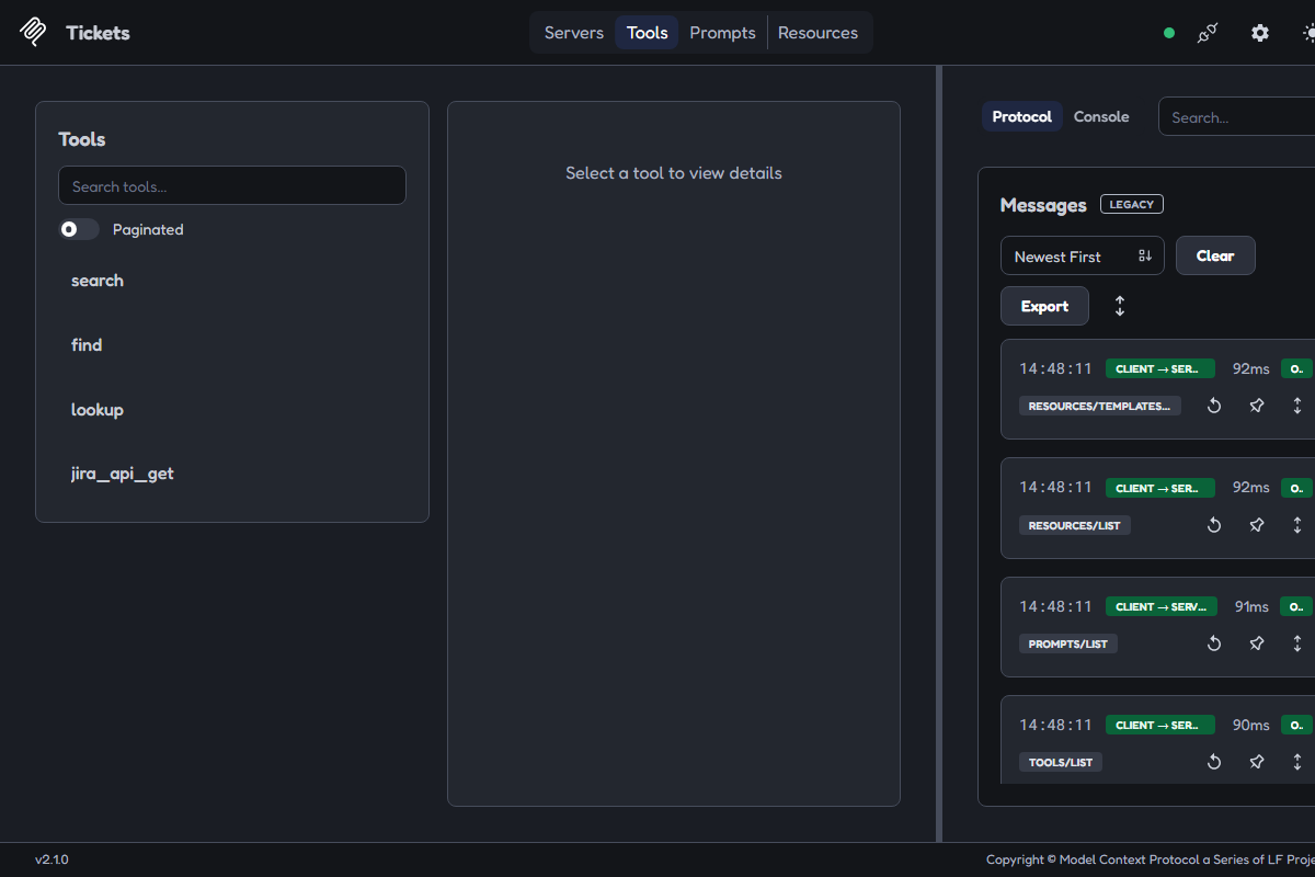 The MCP Inspector Tools tab listing four tools — search, find, lookup and jira_api_get — named after the API they wrap rather than what a caller wants. Nothing in the list distinguishes them.