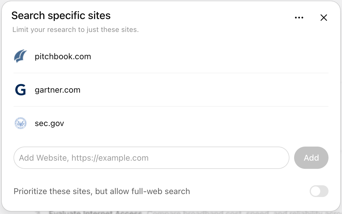ChatGPT Deep Research 'Search specific sites' panel listing pitchbook.com, gartner.com and sec.gov, an 'Add Website' field, and a 'Prioritize these sites, but allow full-web search' toggle