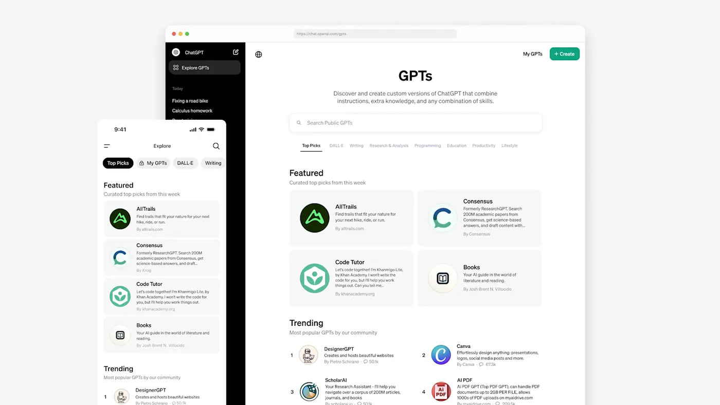 The ChatGPT 'GPTs' page (chat.openai.com/gpts) showing the Explore GPTs sidebar, a Search Public GPTs box, category tabs (Top Picks, DALL·E, Writing, Research & Analysis, Programming...), and Featured/Trending GPT cards like AllTrails, Consensus, and Code Tutor, alongside the same page on mobile