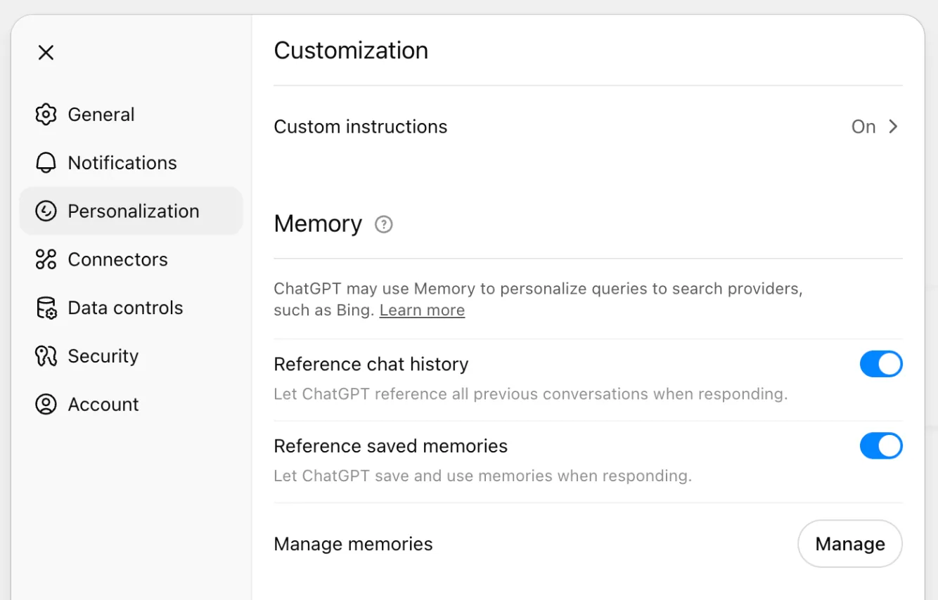 ChatGPT Settings → Personalization: 'Custom instructions' set to On, and a Memory section with 'Reference chat history' and 'Reference saved memories' toggles enabled plus a 'Manage memories' button
