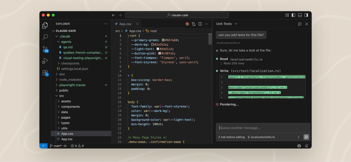 VS Code with the Explorer showing a '.claude/agents/' folder containing custom subagent definition files (qa.md, quebec-french-compliance, visual-testing-playwright), and the Claude Code panel on the right running a delegated 'can you add tests for this file?' task