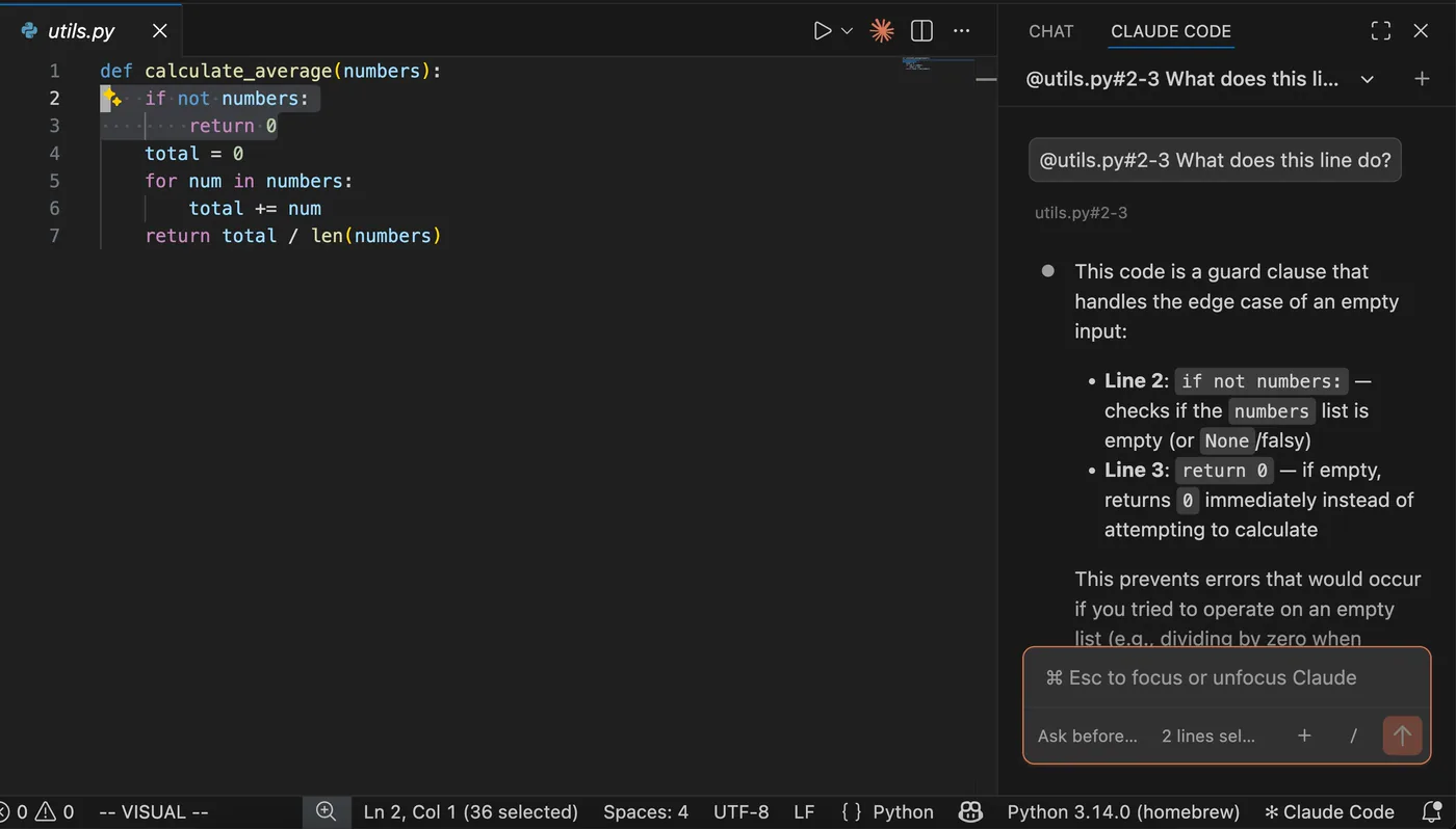 Claude Code's VS Code extension panel: a selected code block referenced as '@utils.py#2-3 What does this line do?', with Claude's reply breaking down each line