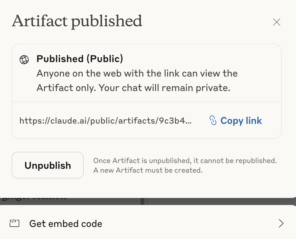 Claude's 'Artifact published' dialog showing 'Published (Public)', a claude.ai/public/artifacts share link with a Copy link button, an Unpublish button, and a 'Get embed code' row