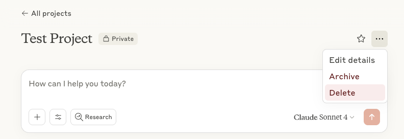 A Claude Project named 'Test Project' with a Private label, an options menu showing Edit details, Archive, and Delete, and the project's own chat compose box below