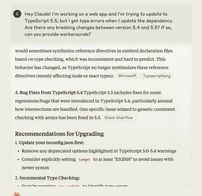 A claude.ai response about TypeScript 5.5 breaking changes with inline citation pills — Microsoft, Typescriptlang, and Stack Overflow — attached to specific claims in the text