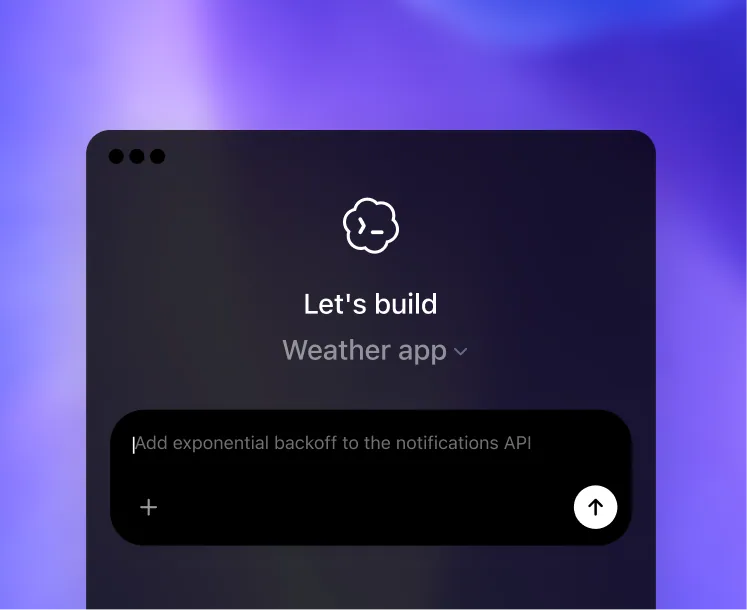 Codex's cloud 'Let's build' panel for a project called 'Weather app', with a prompt reading 'Add exponential backoff to the notifications API' and a send button