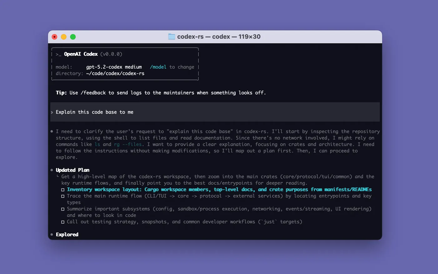 OpenAI Codex CLI terminal session: the header shows the active model (gpt-5.2-codex) and a /model hint, then after the prompt "Explain this code base to me" Codex writes an exploration plan before touching any files
