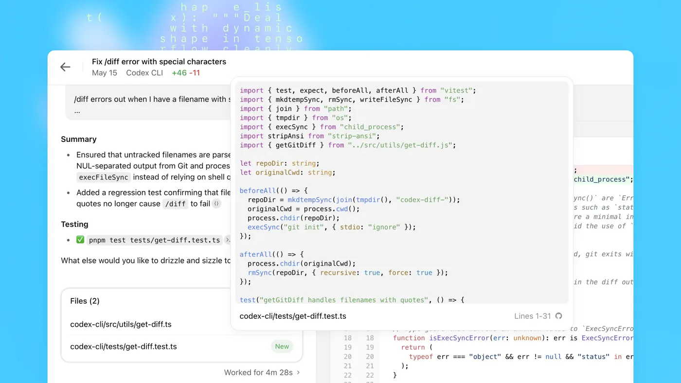 A real Codex task titled "Fix /diff error with special characters": a Summary describing the fix, a green passing-test line for pnpm test tests/get-diff.test.ts, and a Files (2) list showing the changed source file and new test file